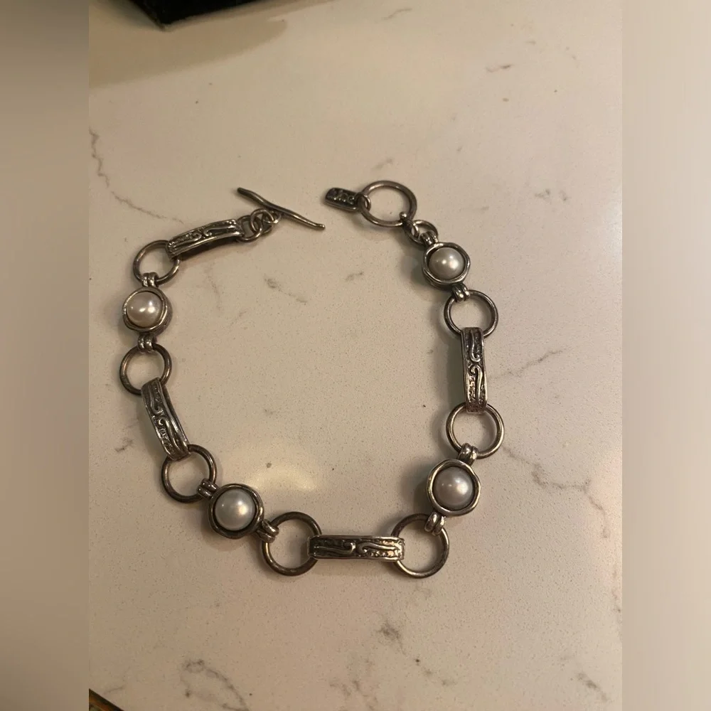 PZ Israel bracelet 925 Sterling silver large links four  Pearls Toggle